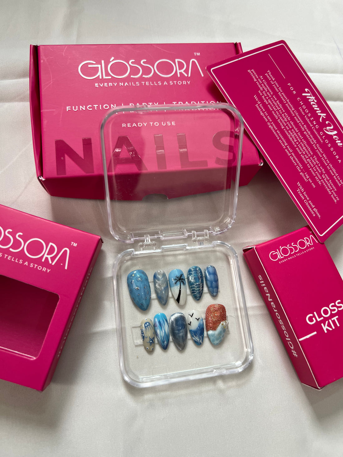 Ocean Escape – Glossora Blue Beach-Inspired Press-On Nails with Palm & Wave Design