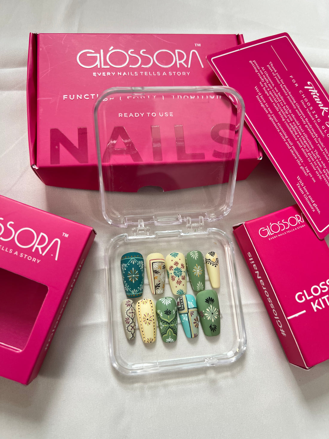 Glossora Boho Floral Press-On Nails – Green & Teal Hand-Painted Art Set