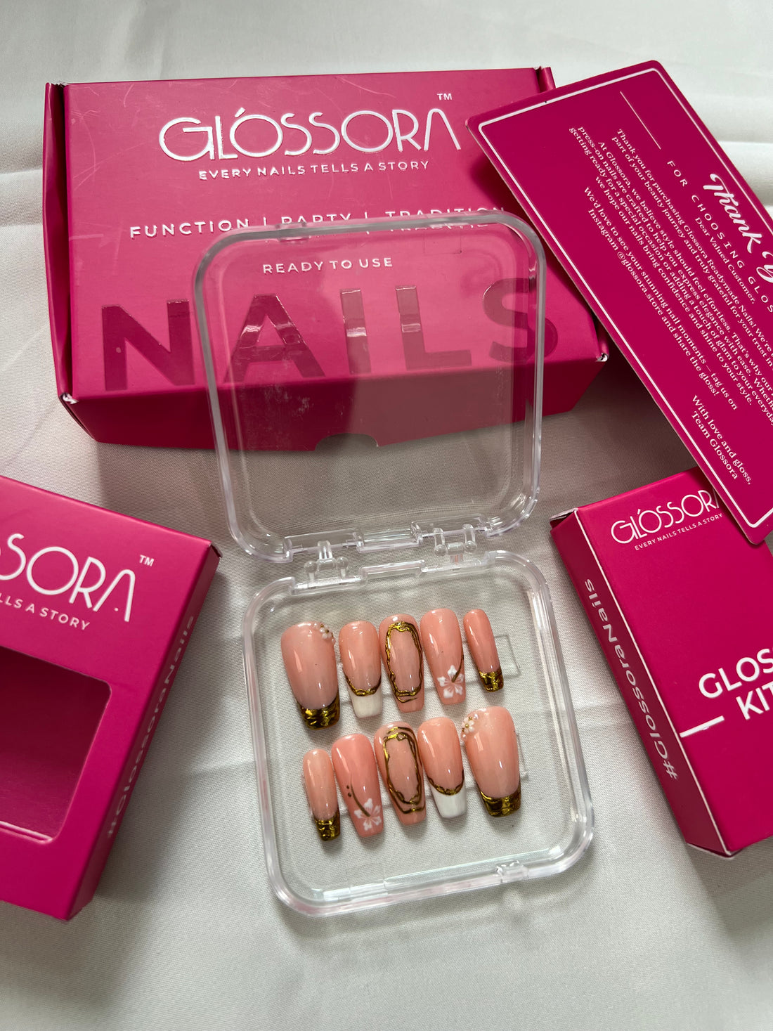 Peach Nude Press-On Nails with Gold Tips & Minimal Floral Accents