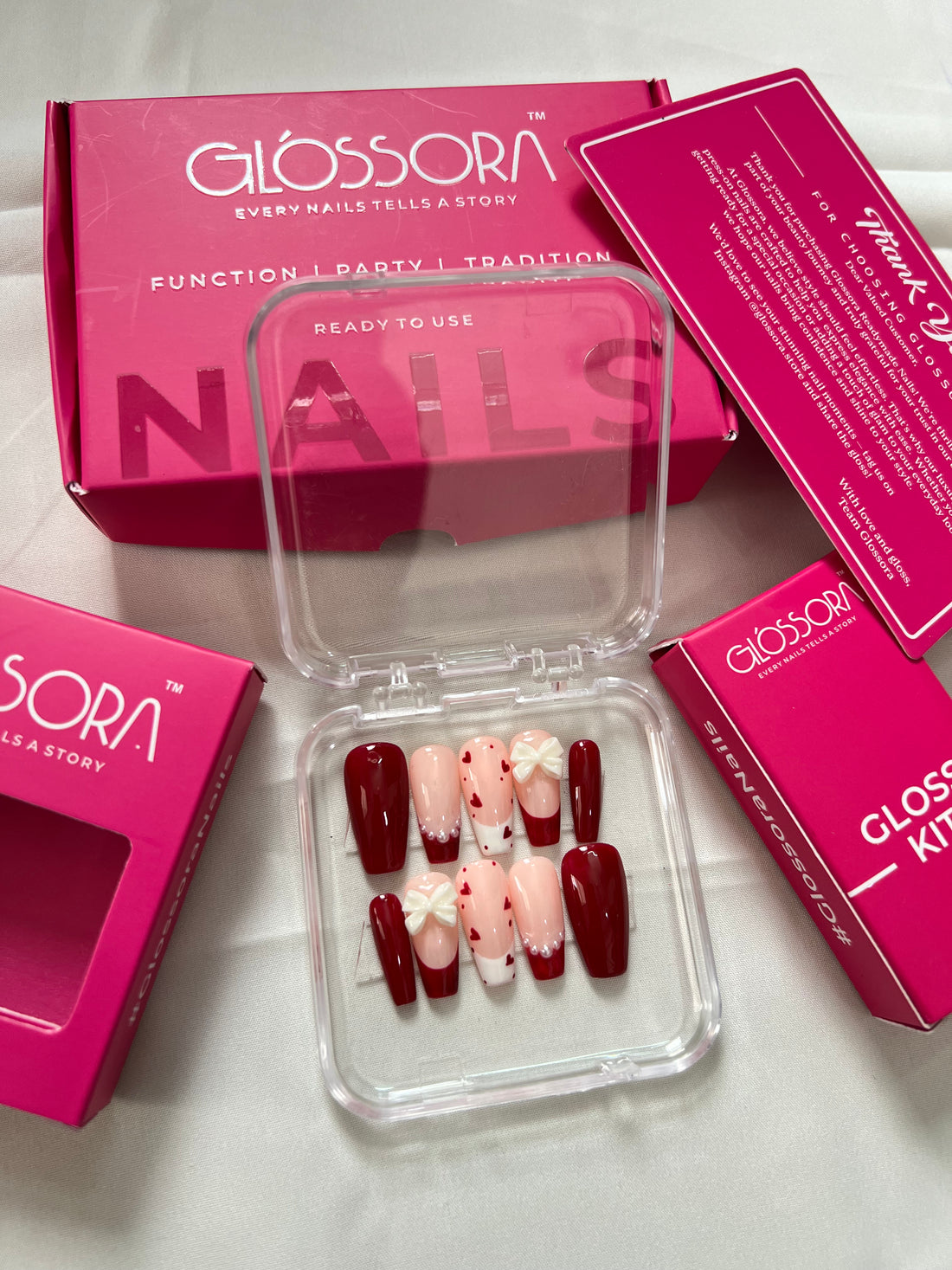 Scarlet Romance – Glossora Red & Nude Press-On Nails with 3D Floral Accent