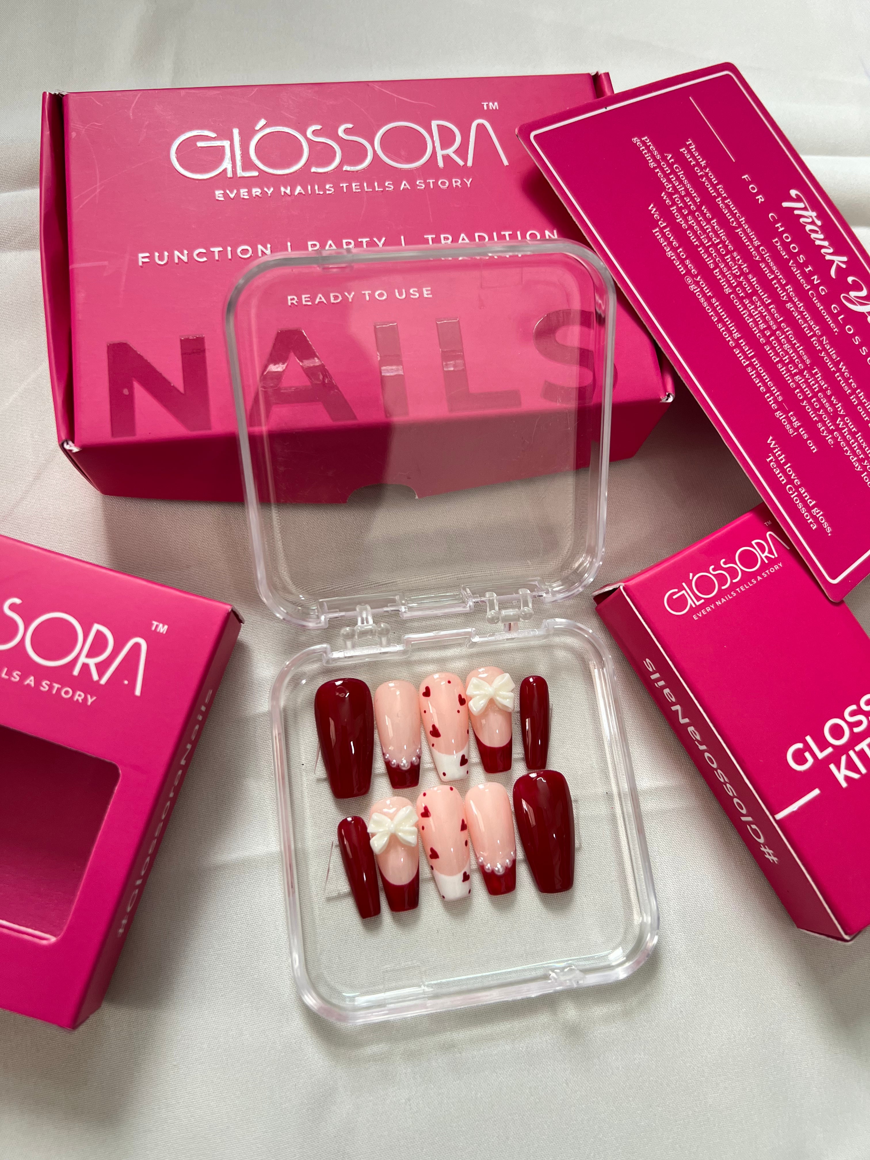 Scarlet Romance – Glossora Red & Nude Press-On Nails with 3D Floral Accent