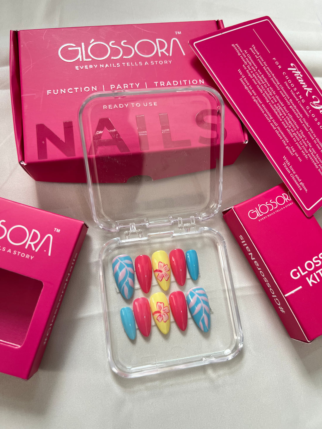 Tropical Paradise Press-On Nails – Vibrant Pink, Yellow & Blue with Leaf Art