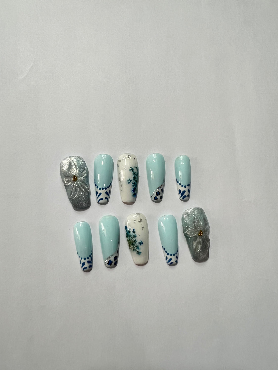 Pastel Blue Floral Press-On Nails with Bow Embellishments – Elegant & Charming