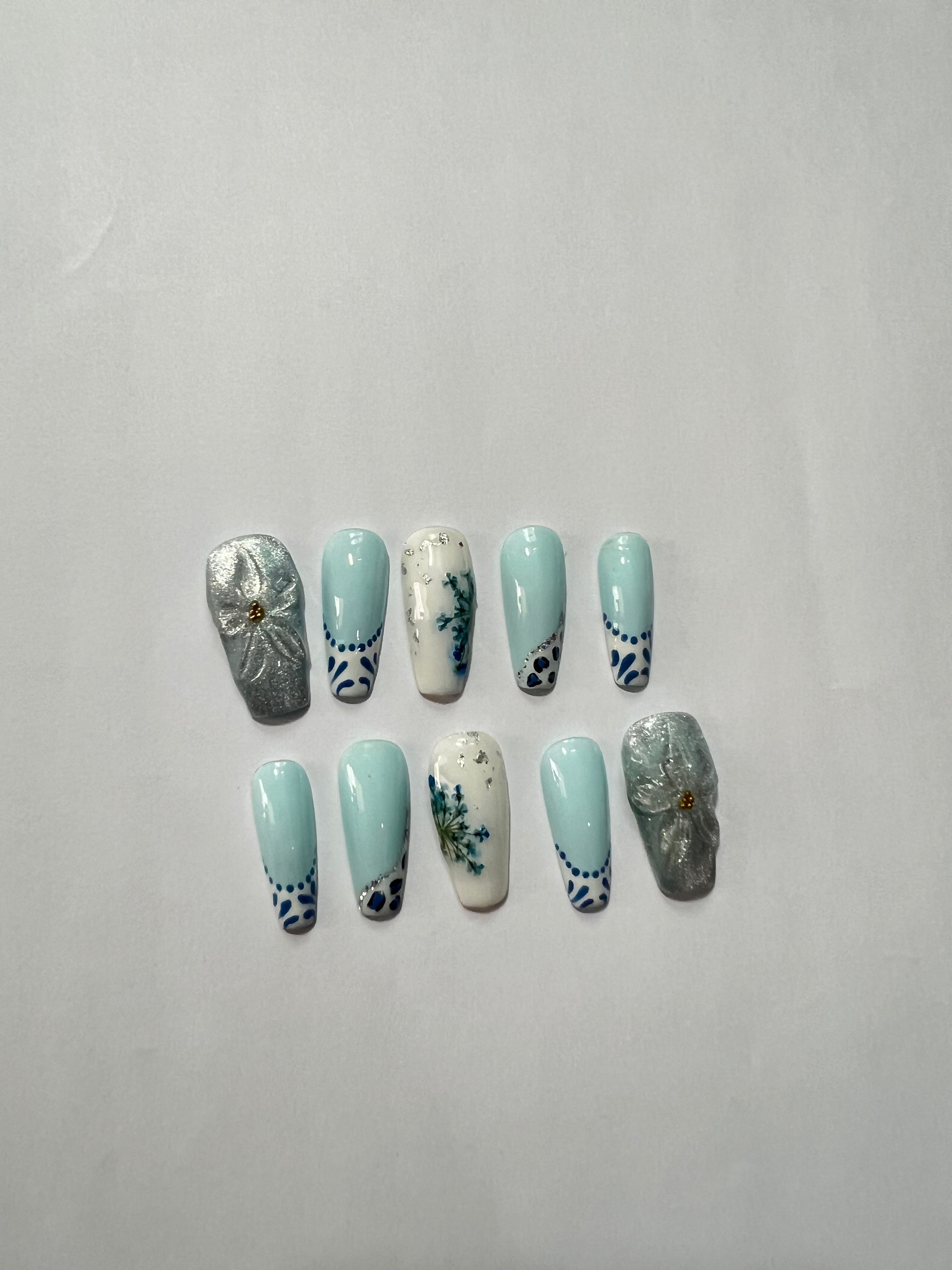 Pastel Blue Floral Press-On Nails with Bow Embellishments – Elegant & Charming