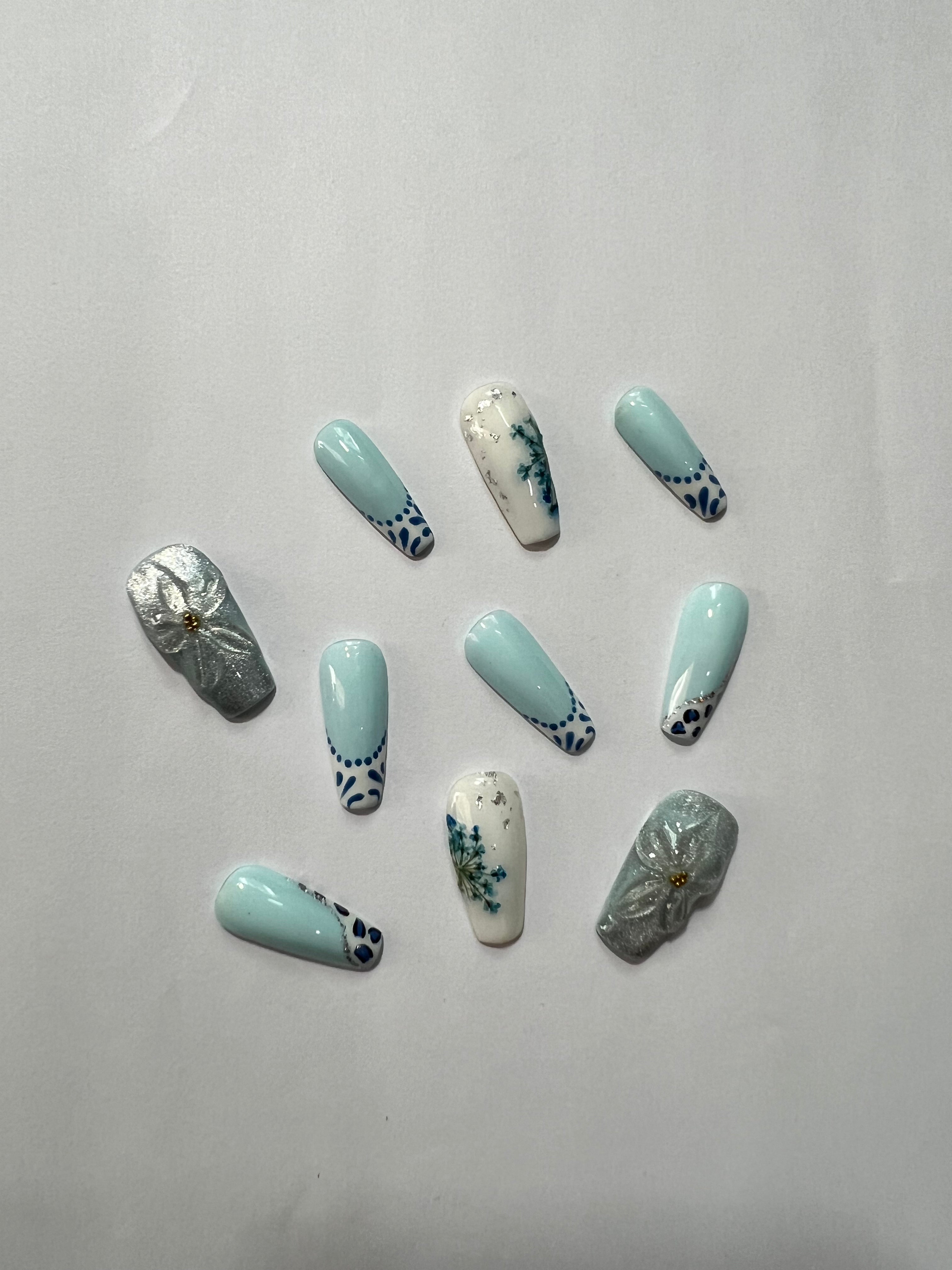 Pastel Blue Floral Press-On Nails with Bow Embellishments – Elegant & Charming