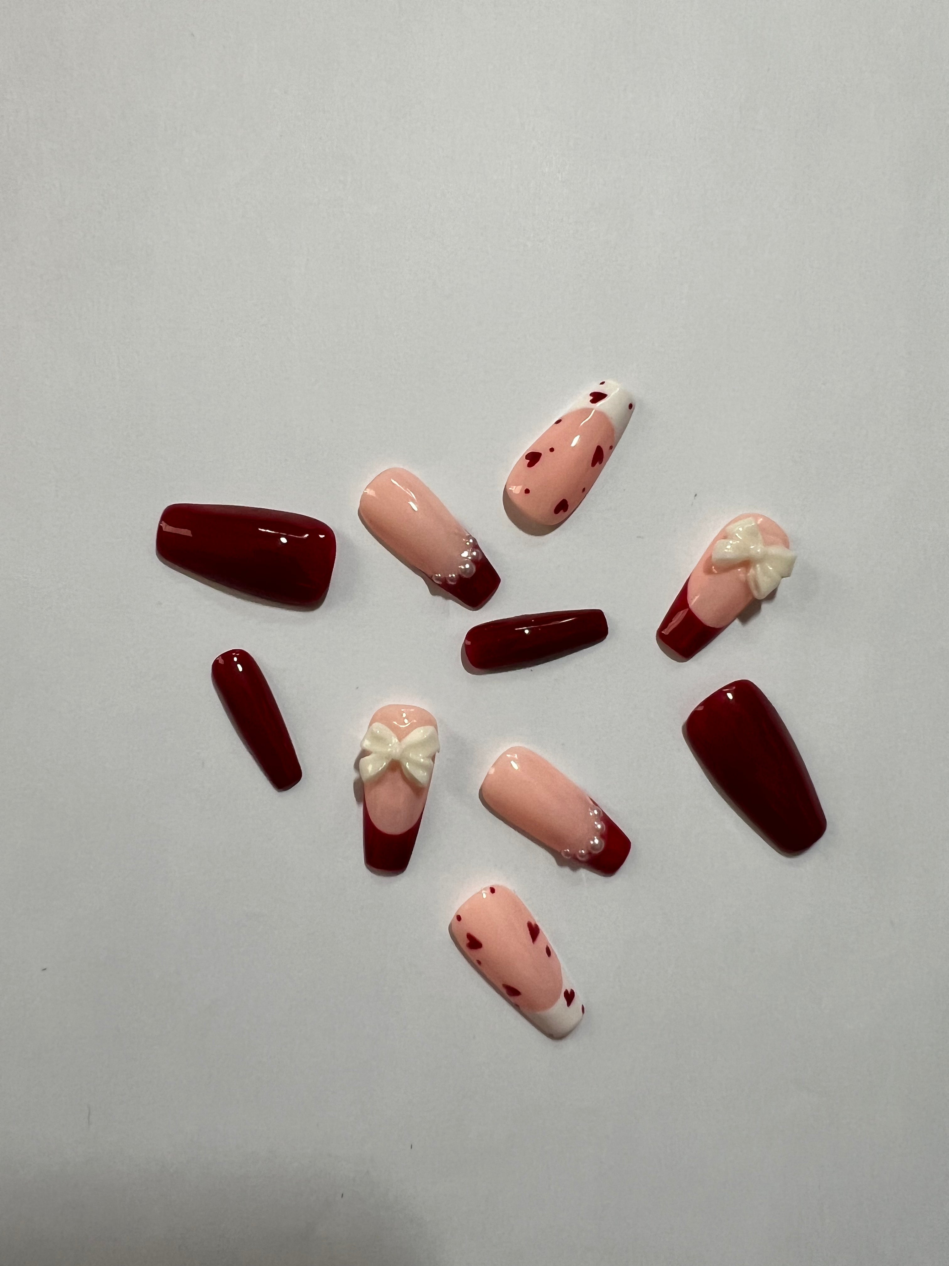 Scarlet Romance – Glossora Red & Nude Press-On Nails with 3D Floral Accent