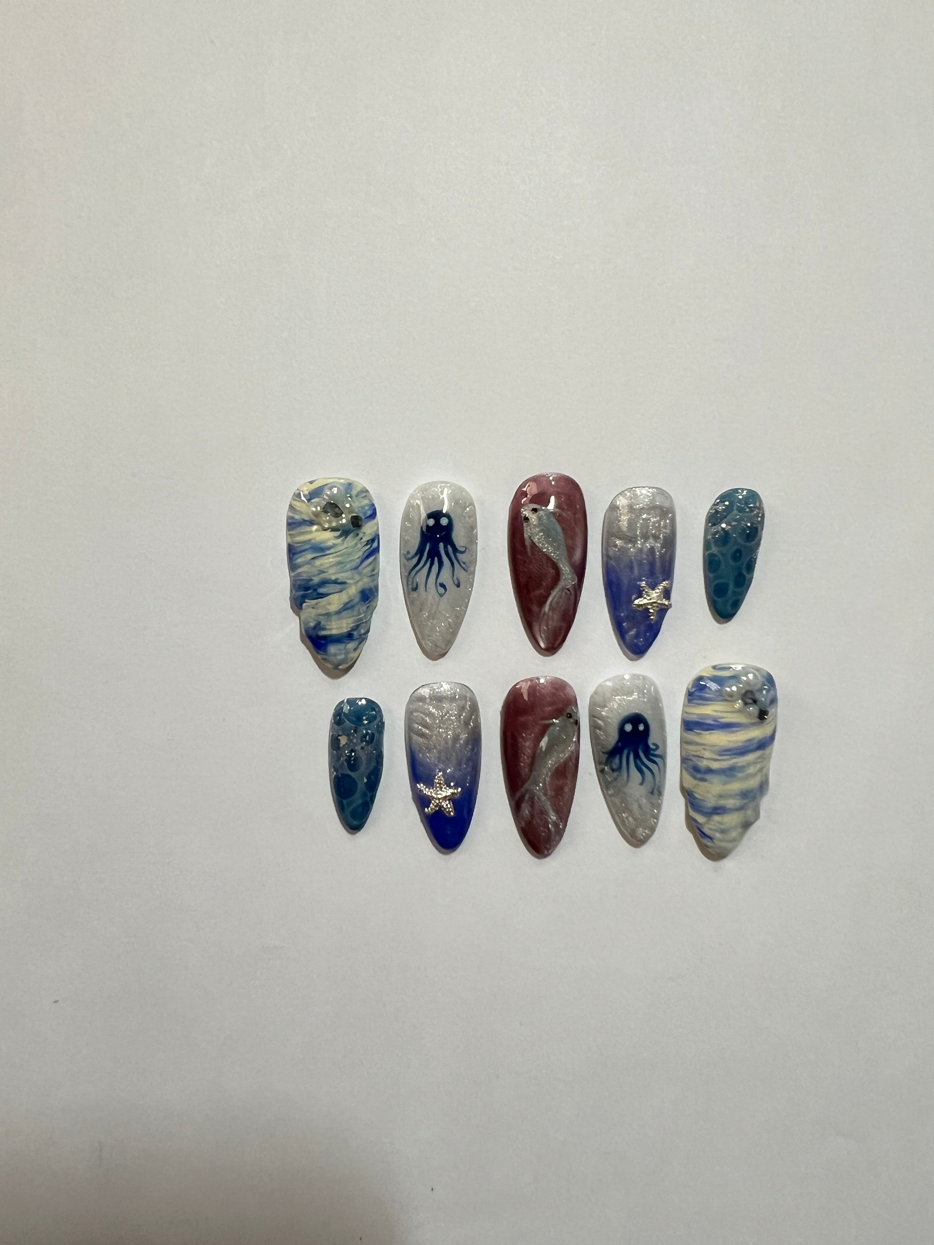 Ocean Dream Press-On Nails – Blue & Silver Mermaid Set