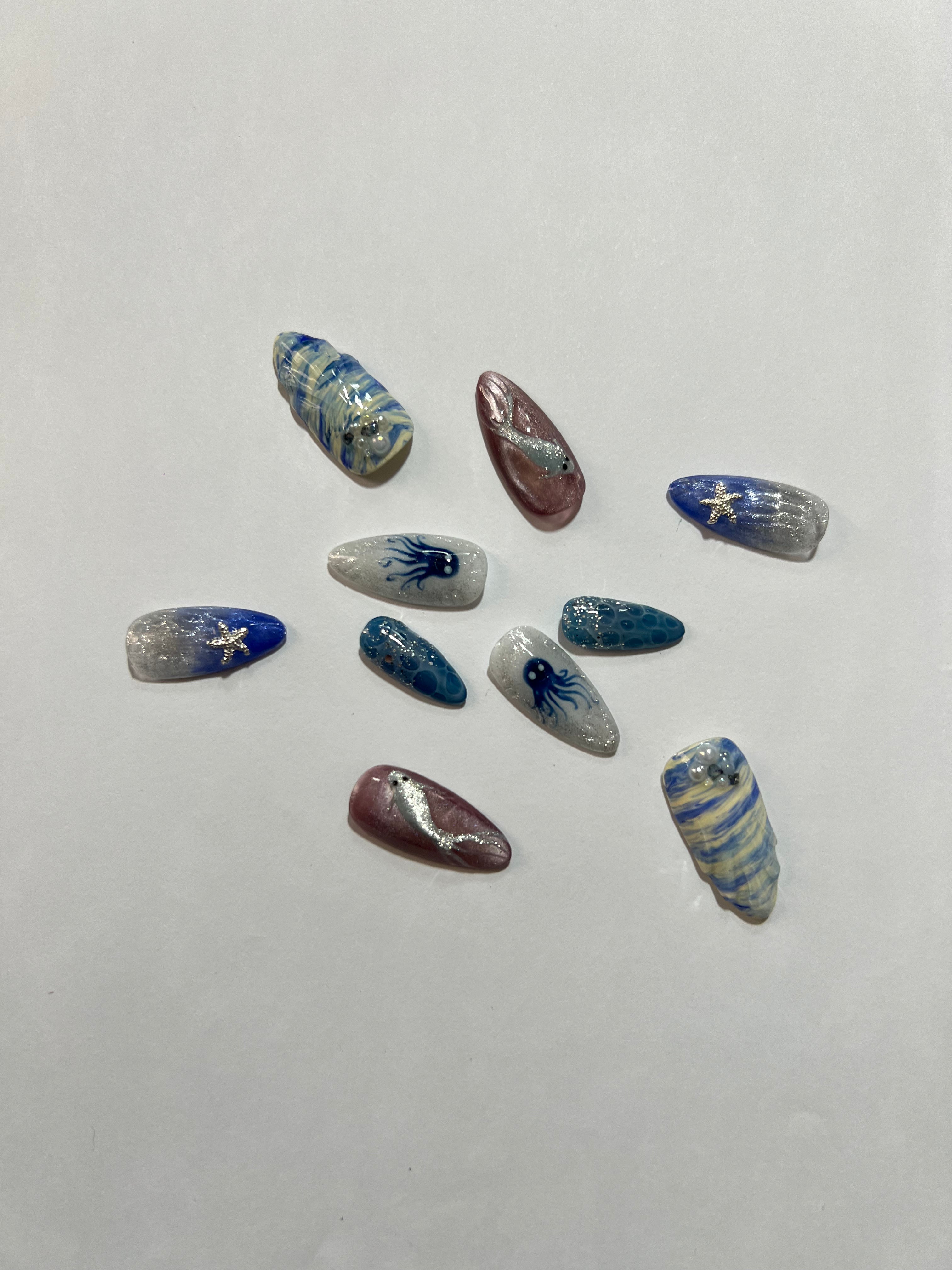 Ocean Dream Press-On Nails – Blue & Silver Mermaid Set