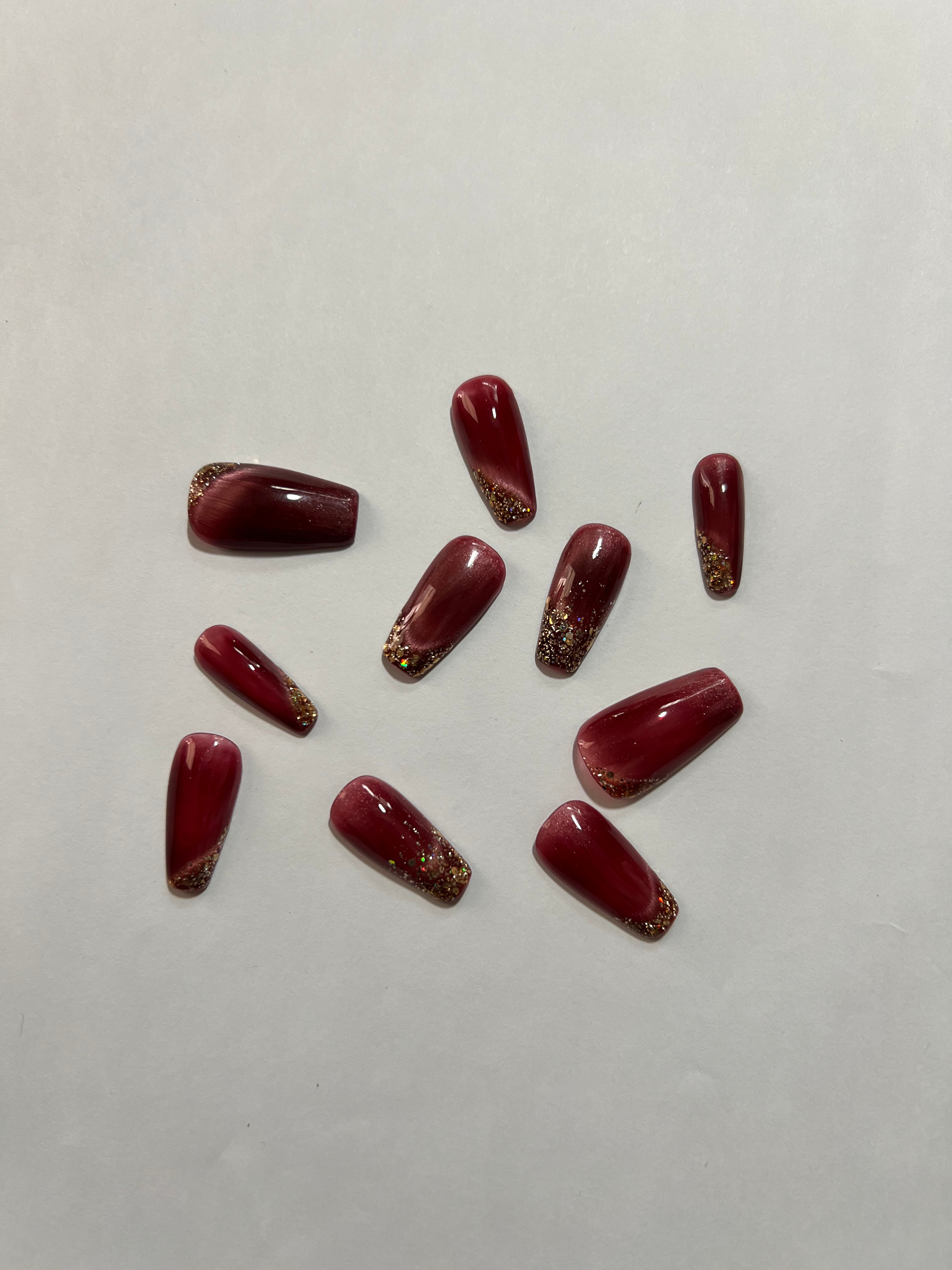 Glossora Burgundy Glitter Ombre Press-On Nails – Luxe Shimmer Manicure Set