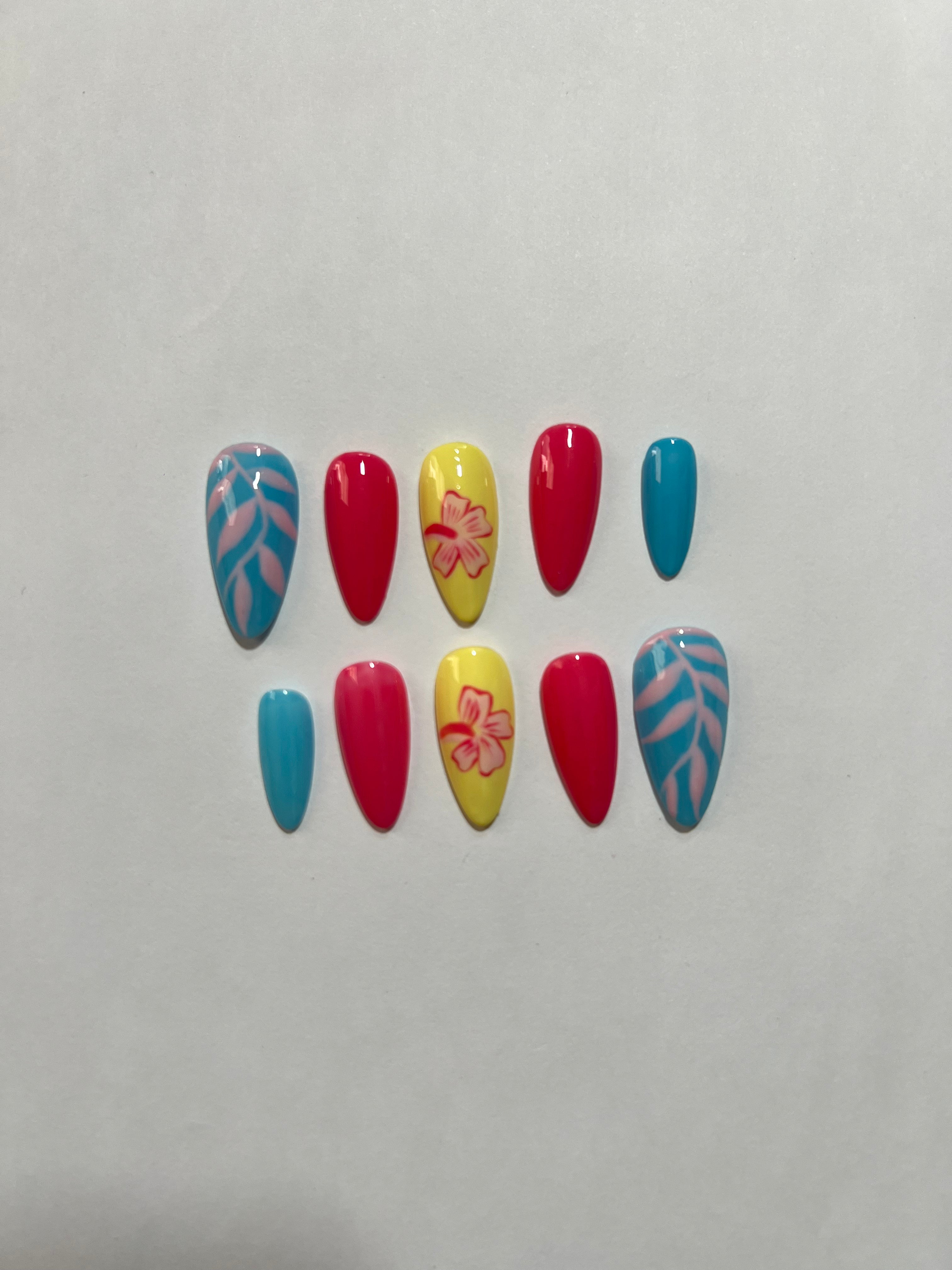 Tropical Paradise Press-On Nails – Vibrant Pink, Yellow & Blue with Leaf Art