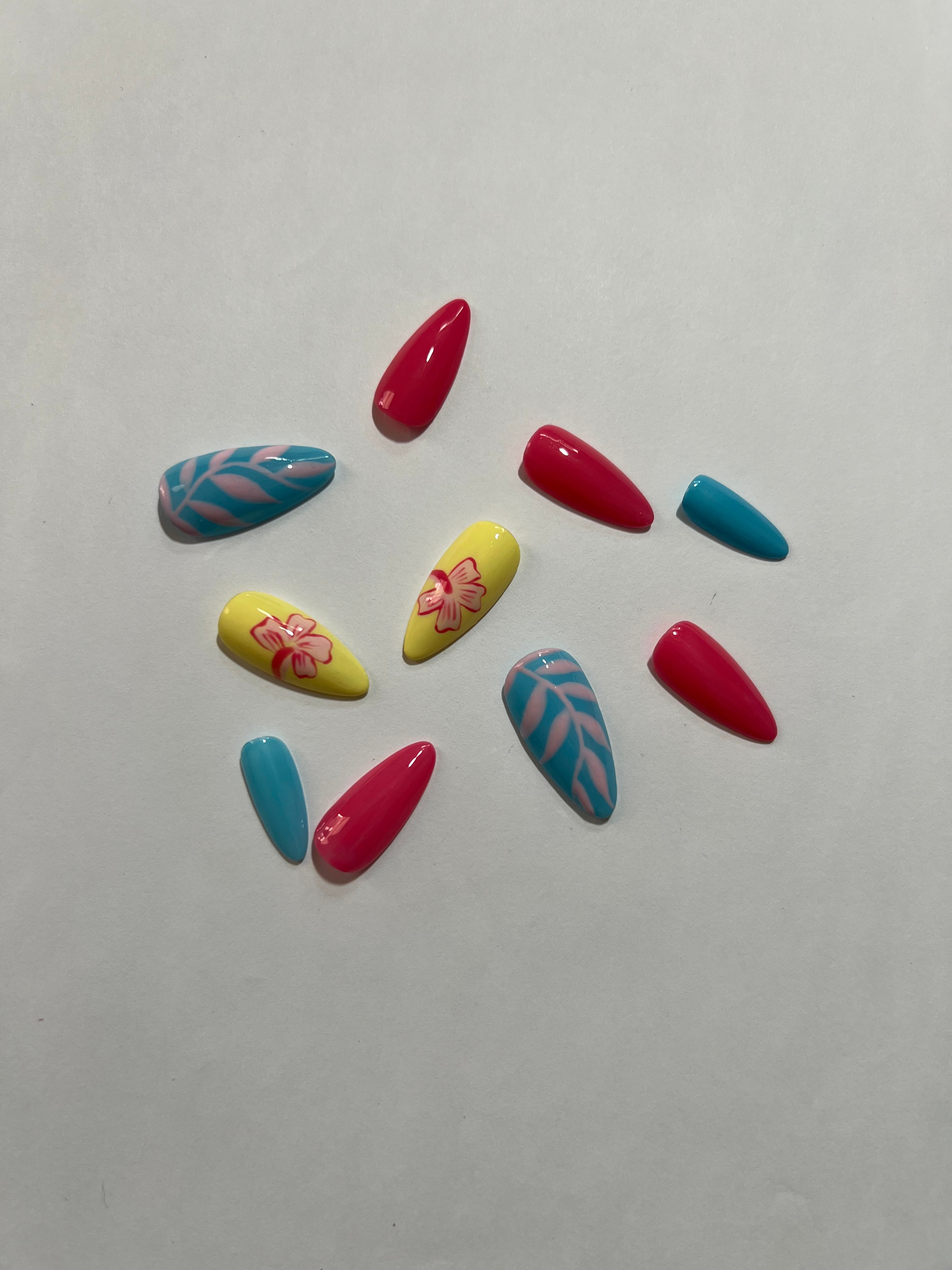Tropical Paradise Press-On Nails – Vibrant Pink, Yellow & Blue with Leaf Art