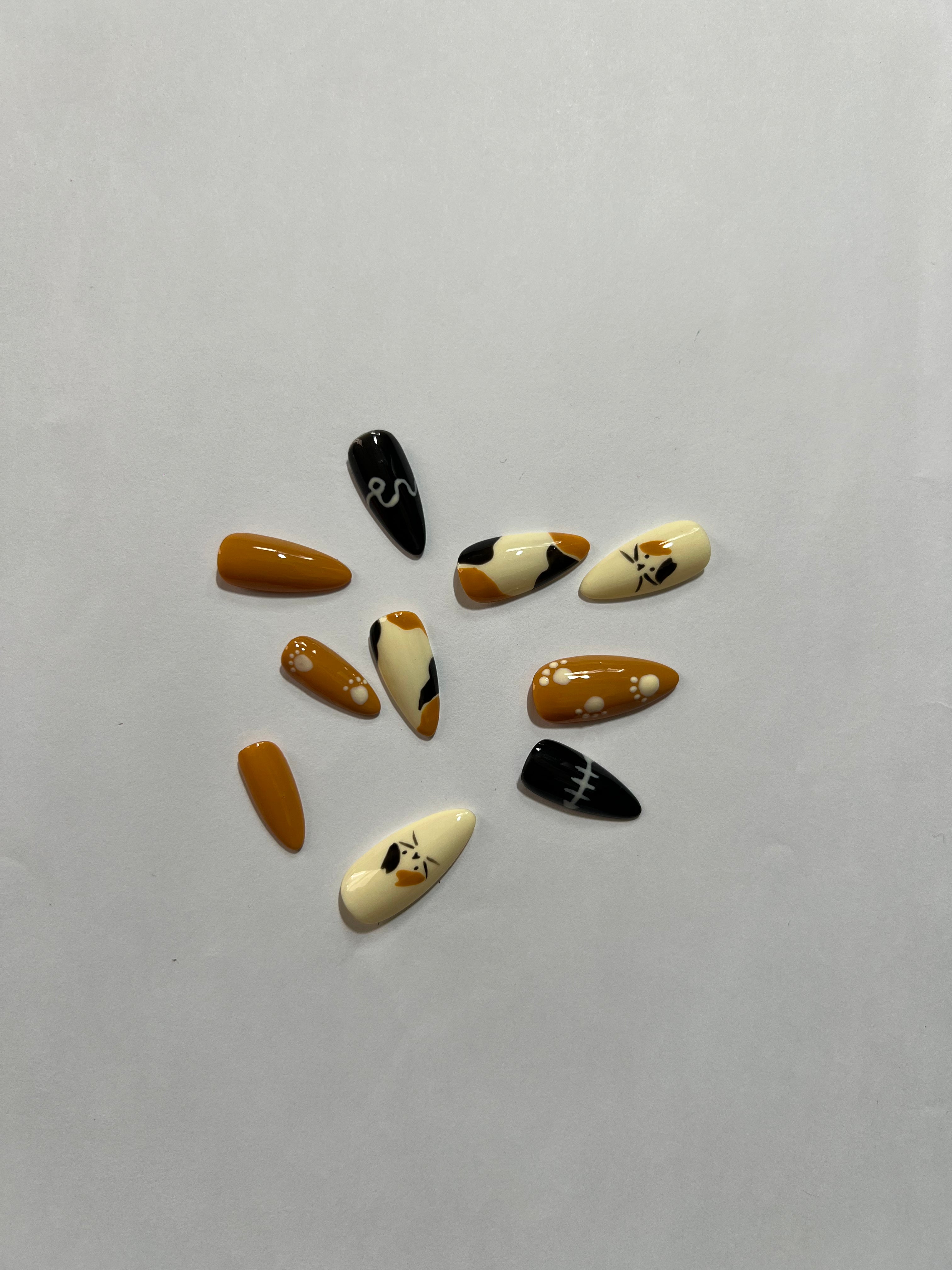 Halloween Cat Paw & Heartbeat Press-On Nails – Orange, Black & Cream Glossora Set