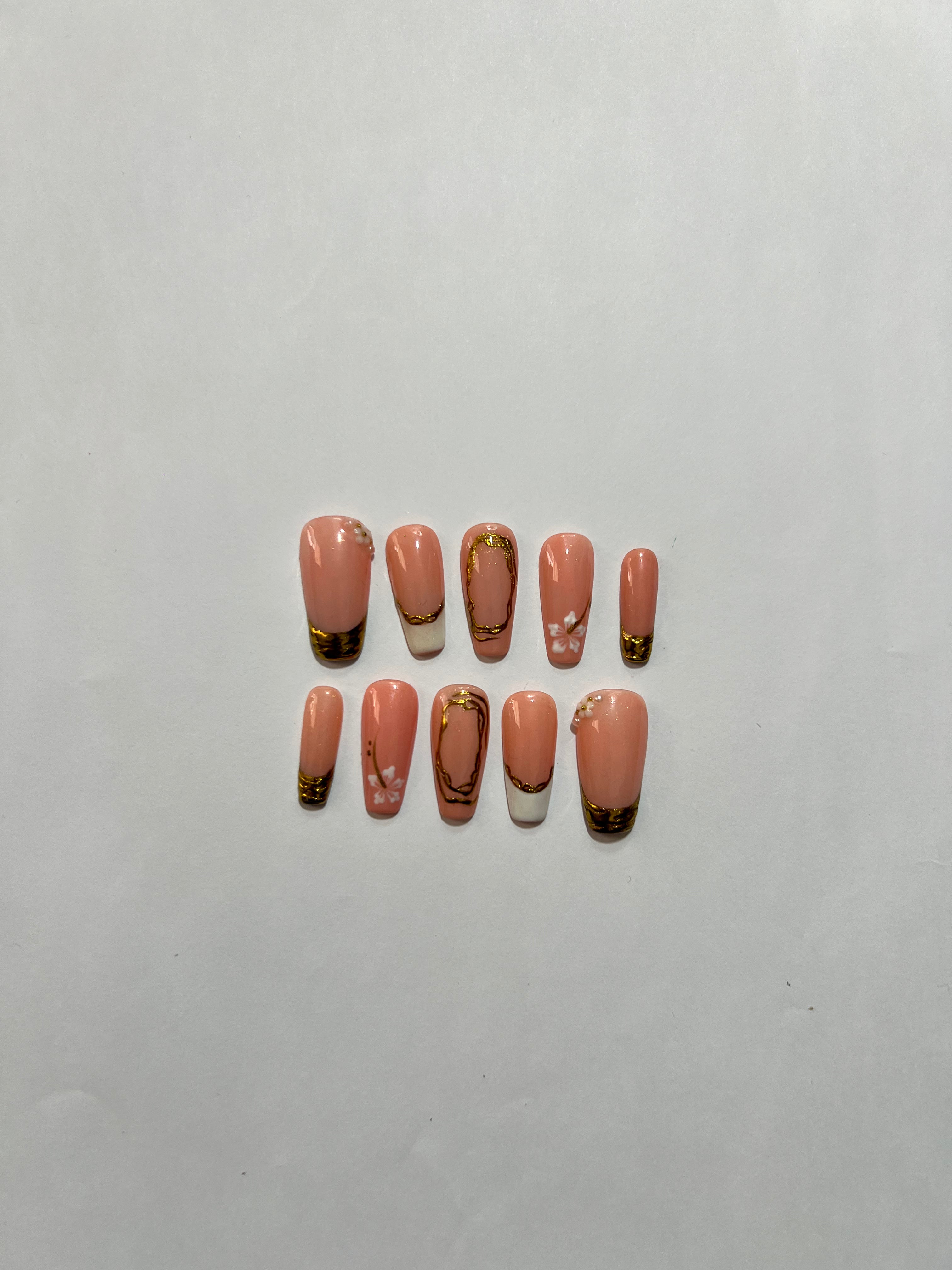 Peach Nude Press-On Nails with Gold Tips & Minimal Floral Accents