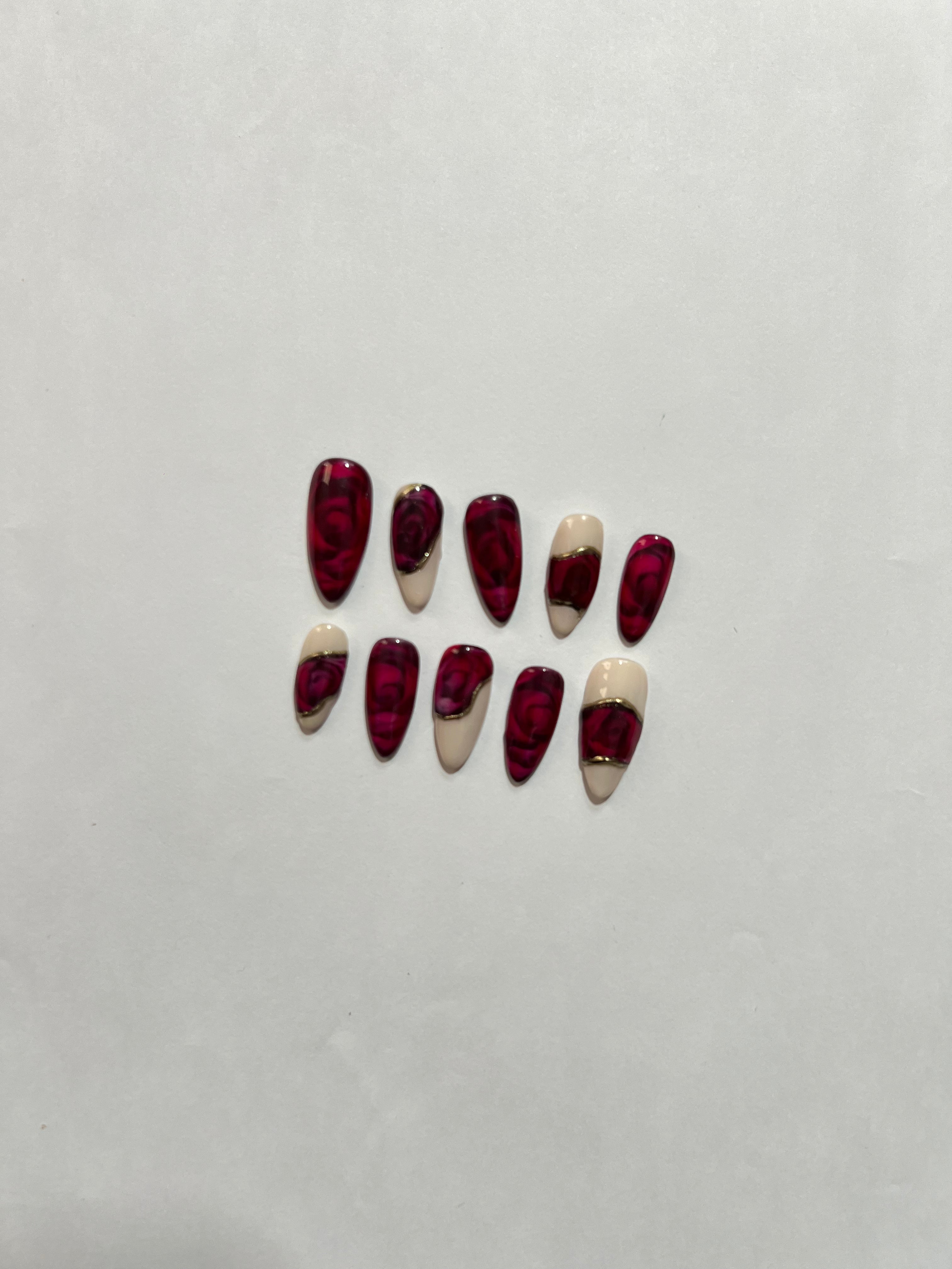 Wine Elegance Press-On Nails – Burgundy & Nude French Set