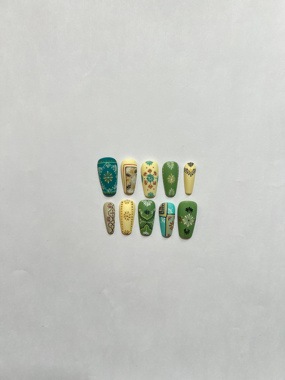 Glossora Boho Floral Press-On Nails – Green & Teal Hand-Painted Art Set