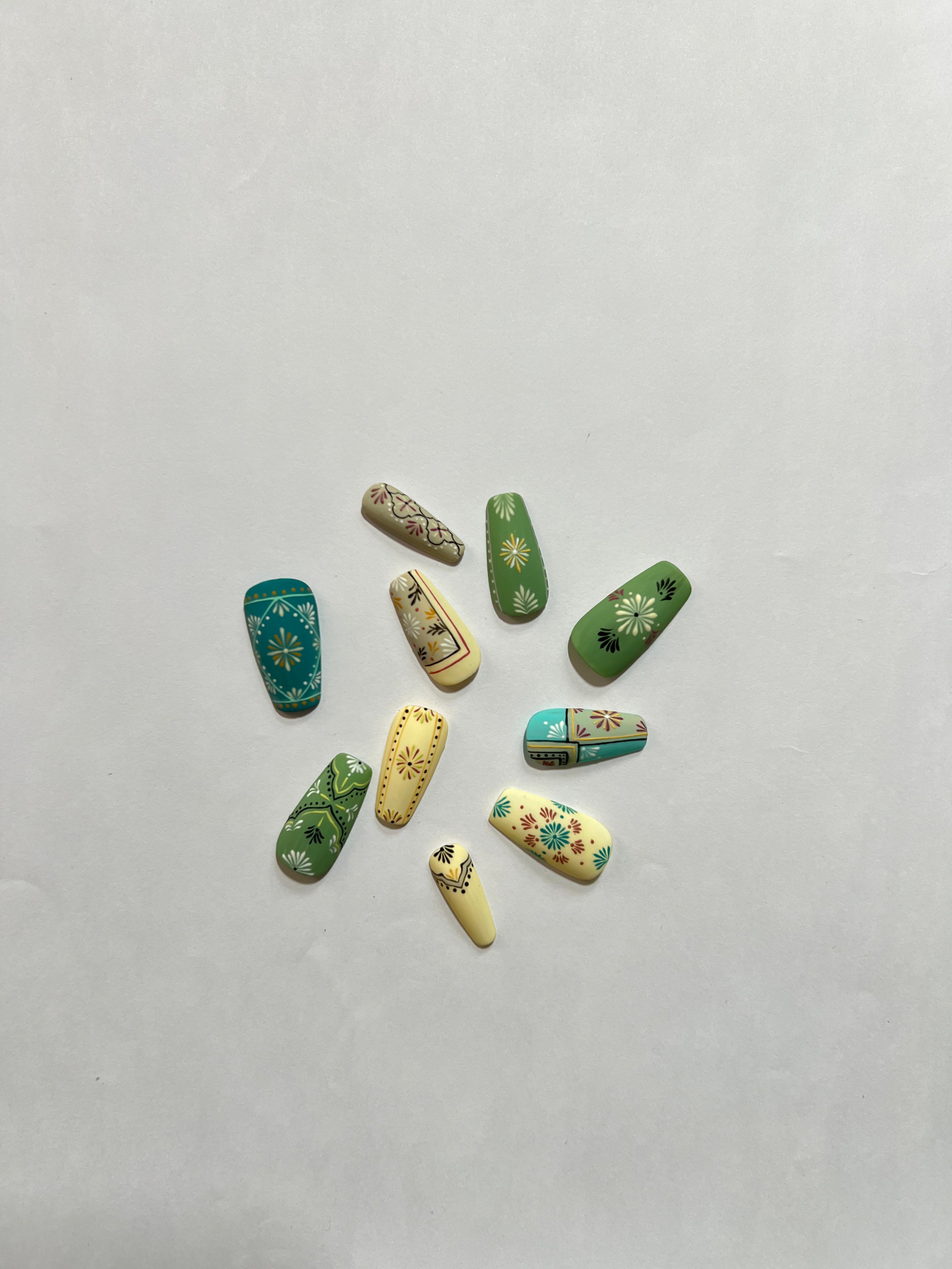Glossora Boho Floral Press-On Nails – Green & Teal Hand-Painted Art Set