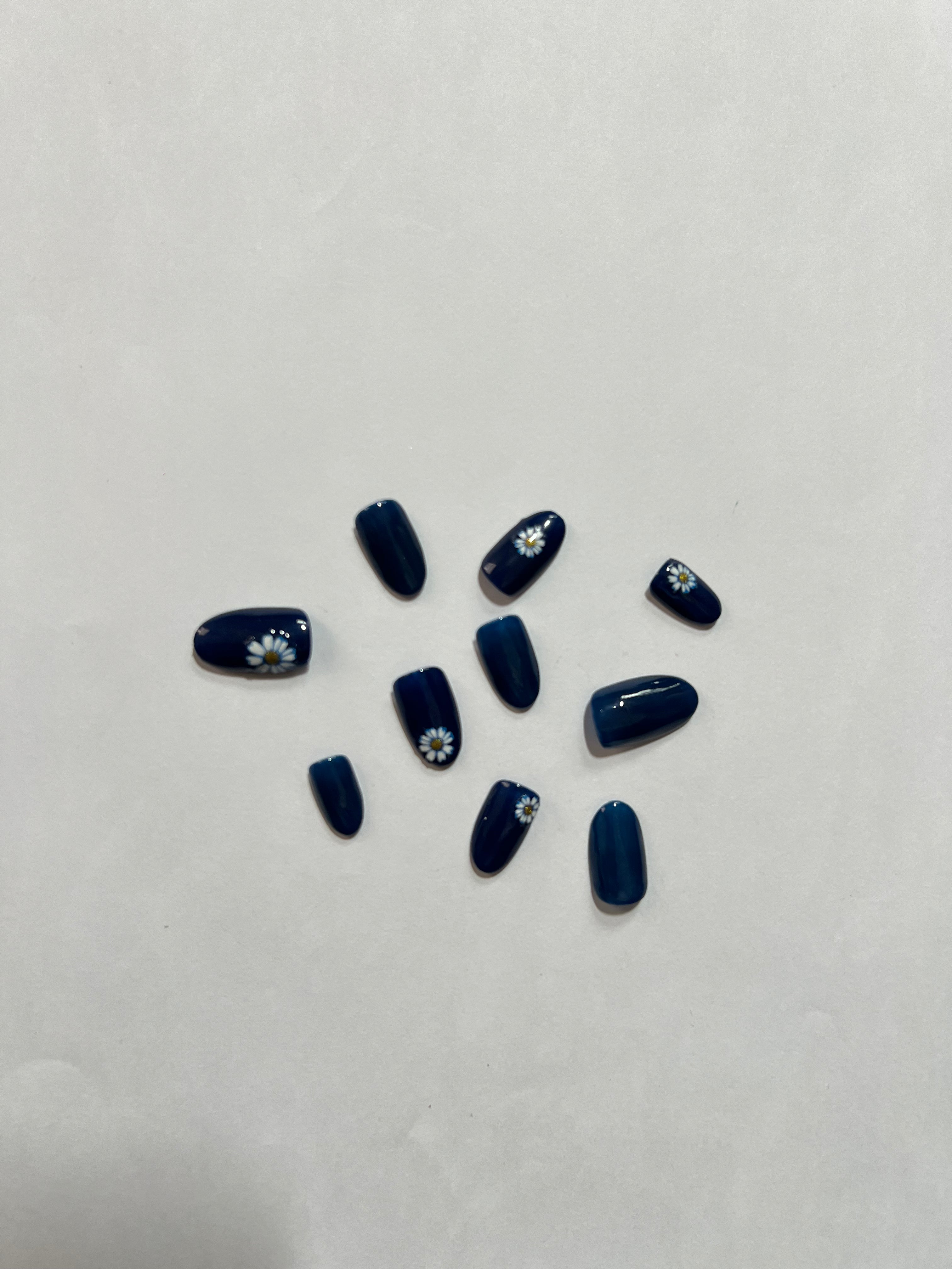 Glossora Navy Daisy Press-On Nails – Minimal Floral Chic Manicure