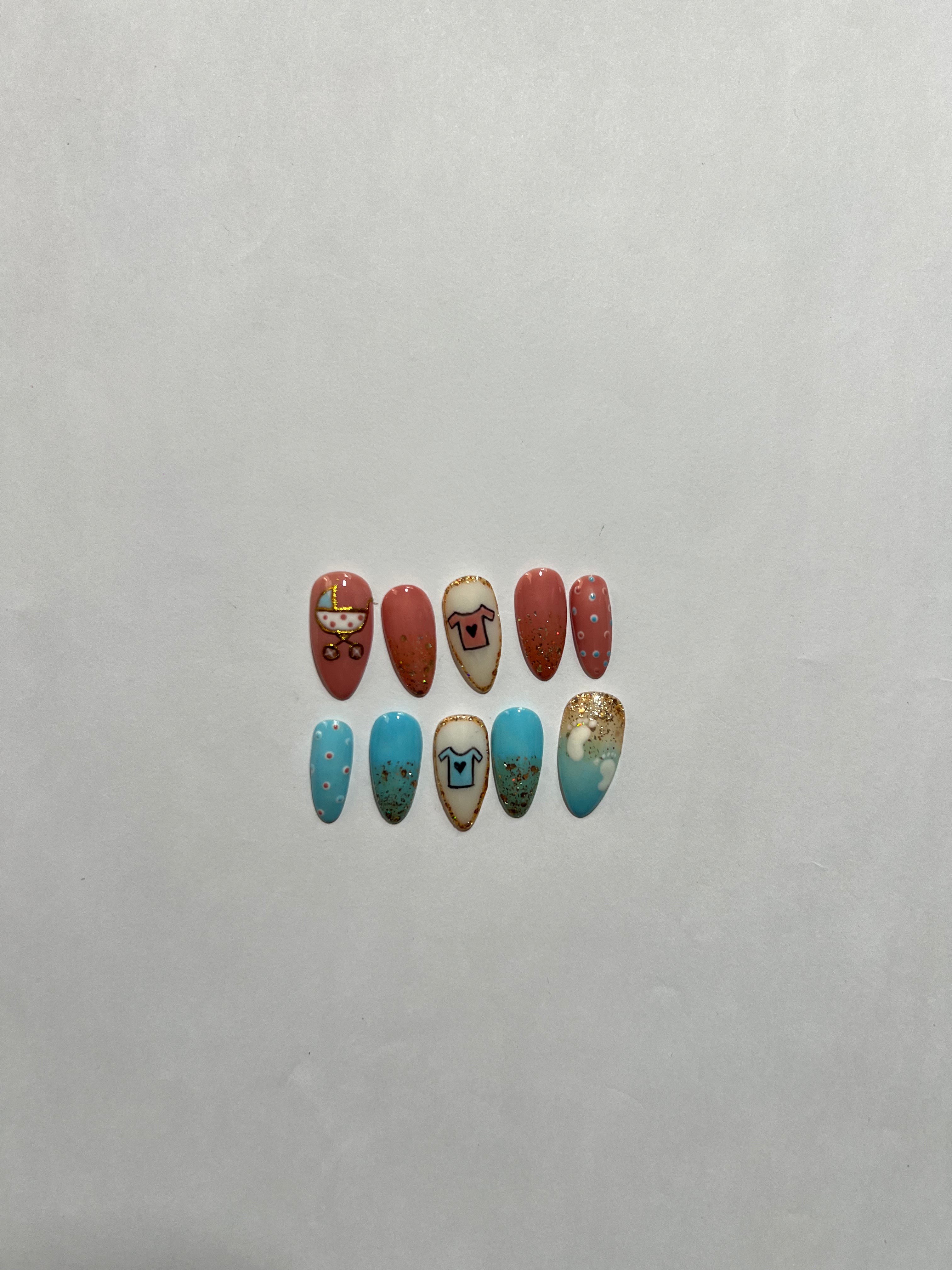 Zodiac Taurus Press-On Nails – Pastel Blue & Coral with Gold Glitter