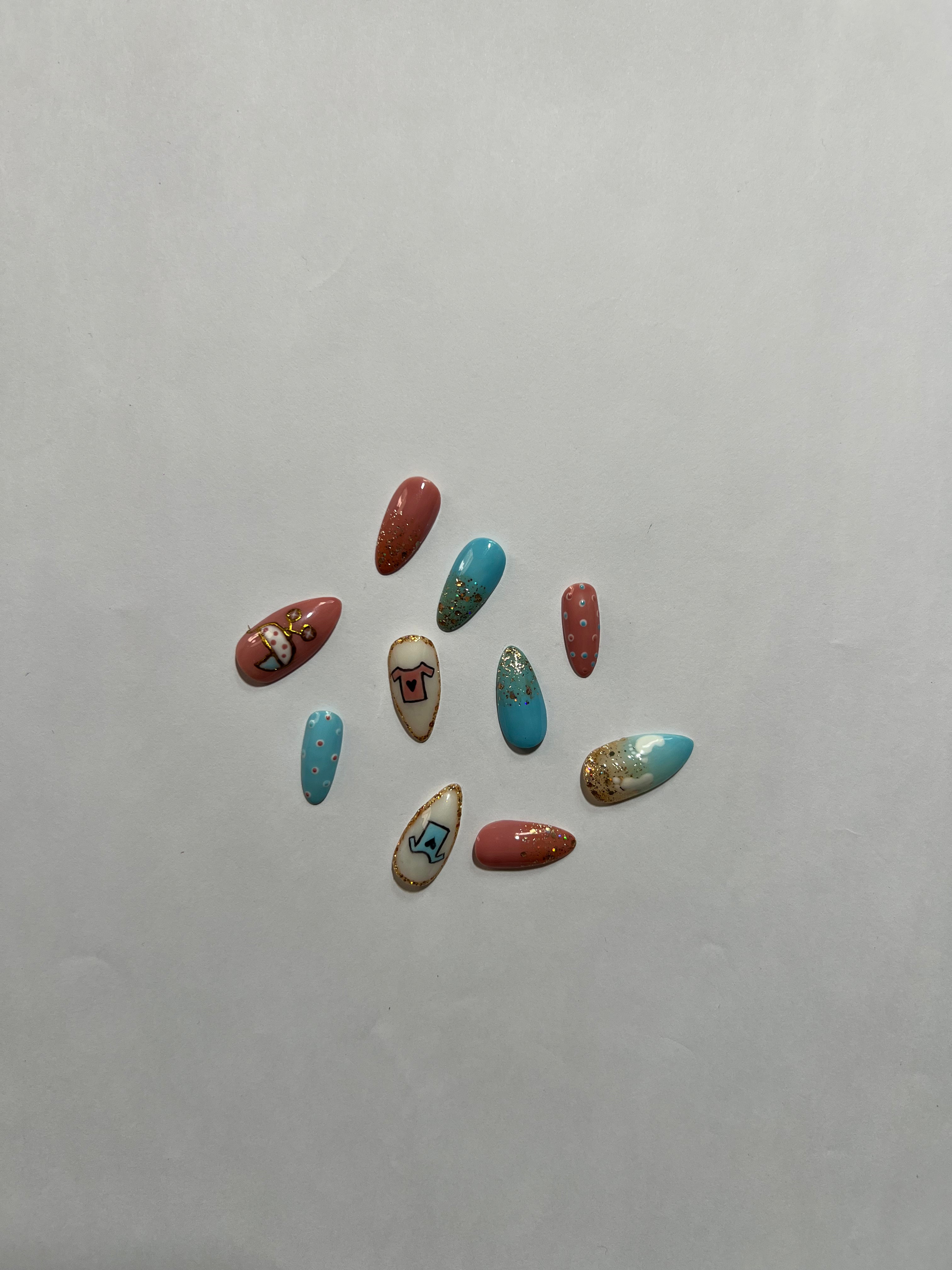 Zodiac Taurus Press-On Nails – Pastel Blue & Coral with Gold Glitter