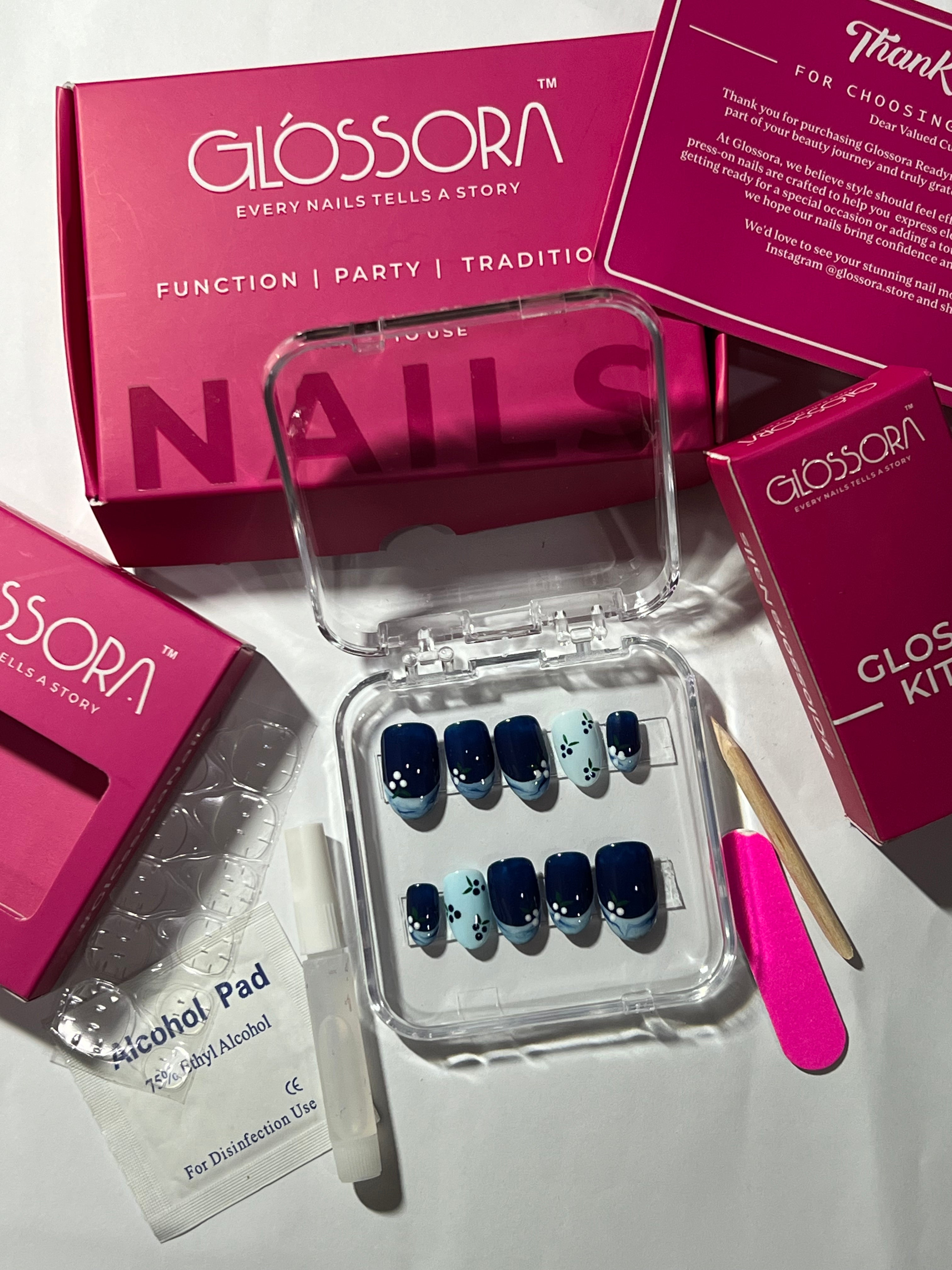 💙 Blue Blossom French Press-On Nails