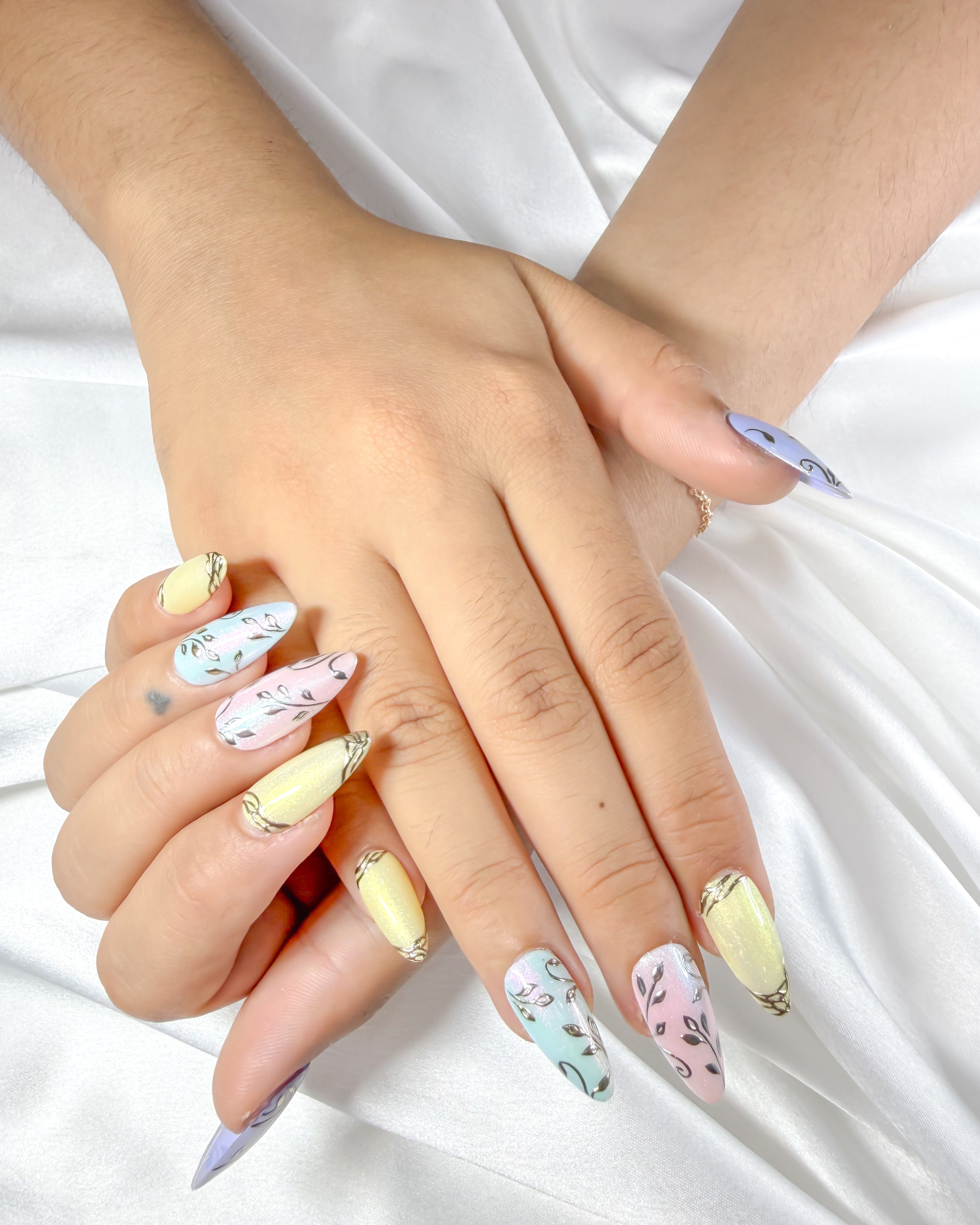Soft pastel floral handmade reusable press on nails by Glossora