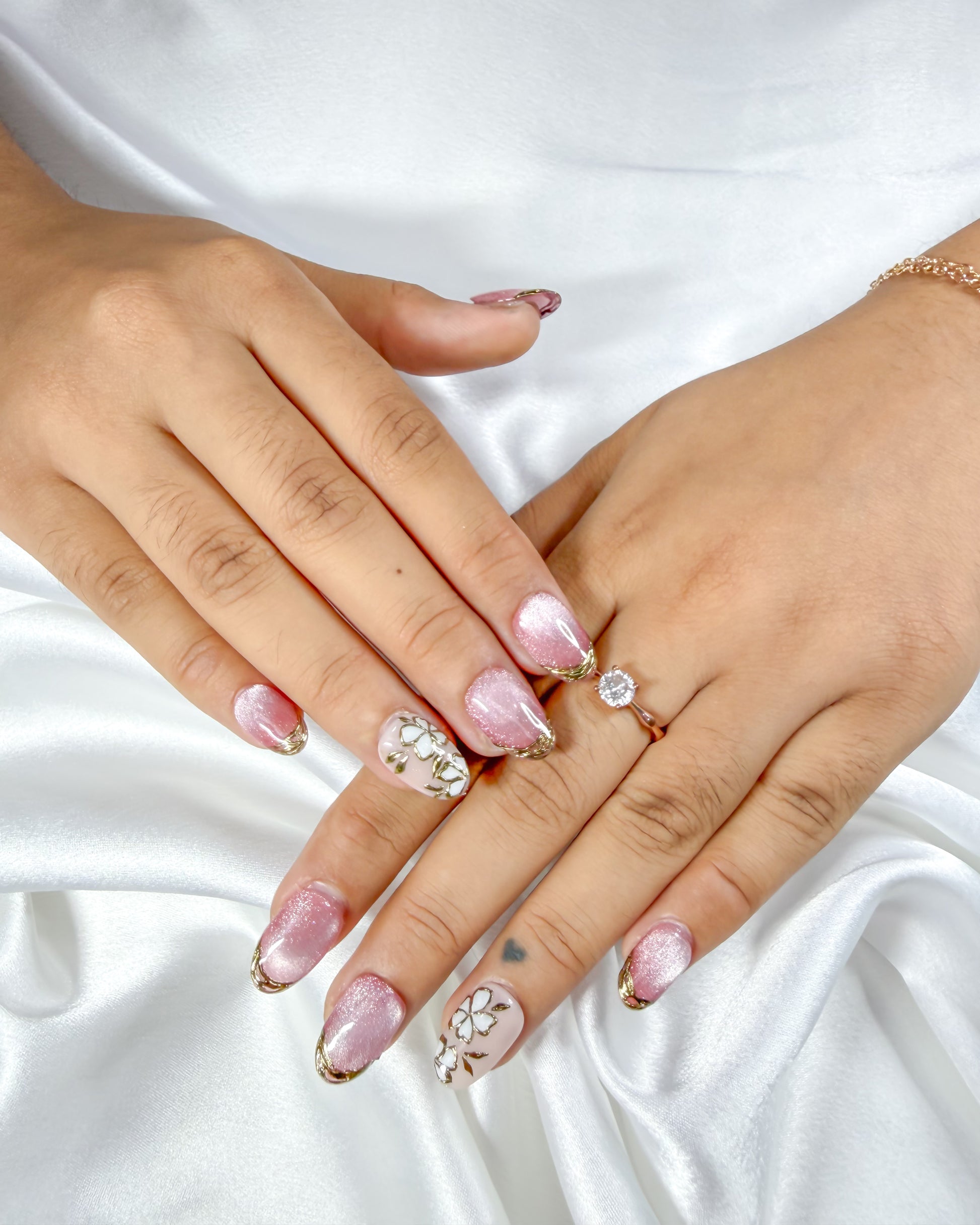 Pink gold flower handmade reusable press on nails