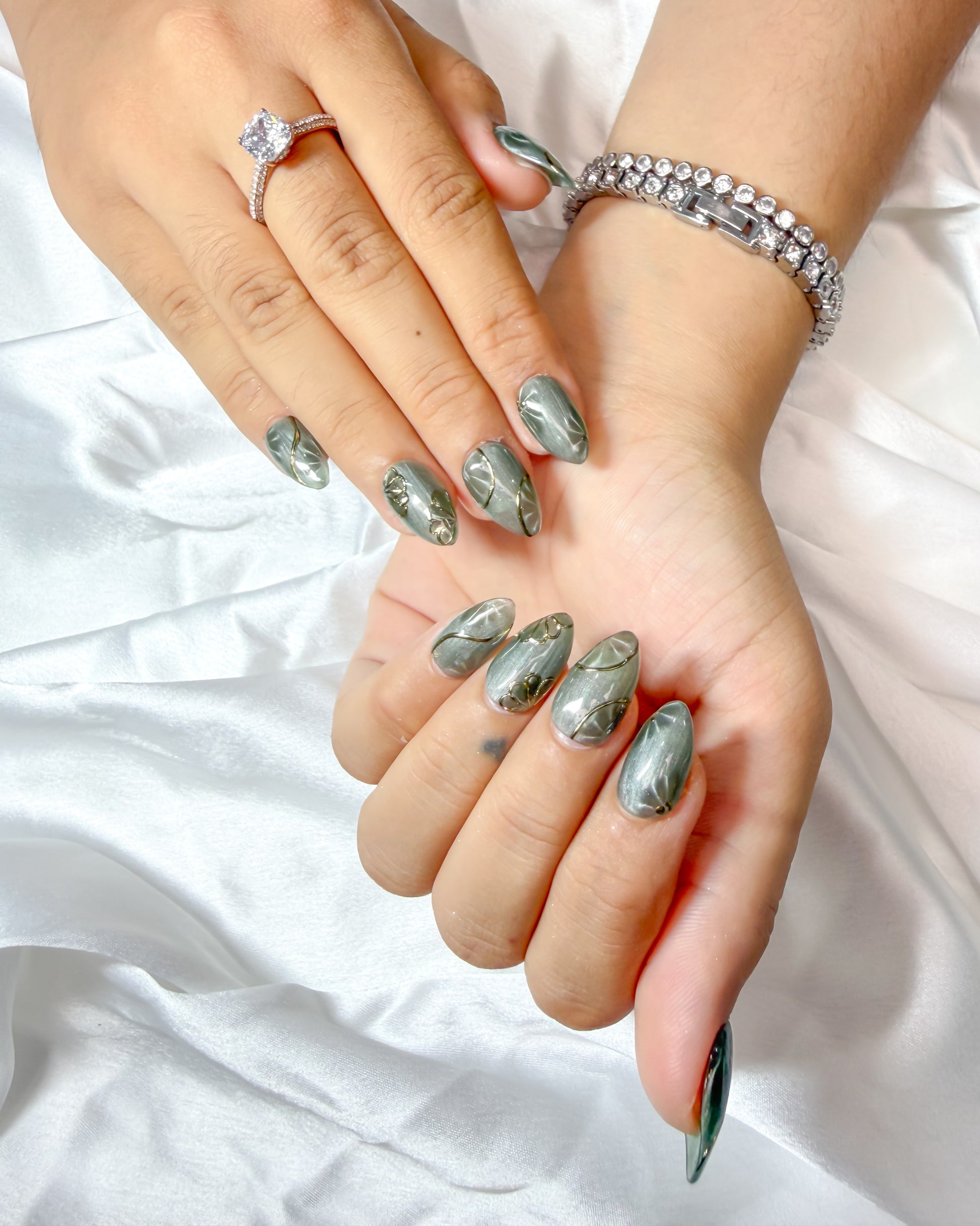 Olive chrome marble handmade reusable press on nails by Glossora