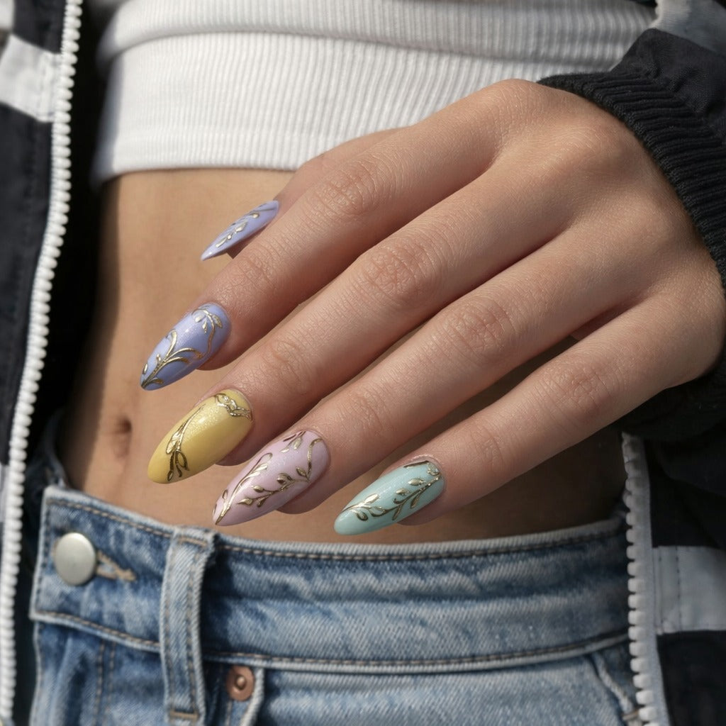 Pastel Bloom Press-On Nails – Lilac, Lemon & Floral Elegance