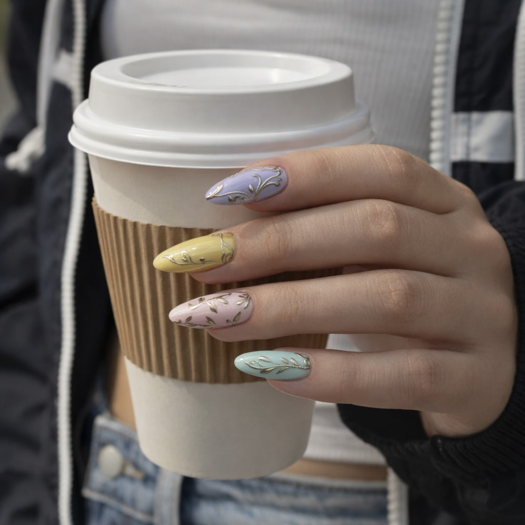 Pastel Bloom Press-On Nails – Lilac, Lemon & Floral Elegance