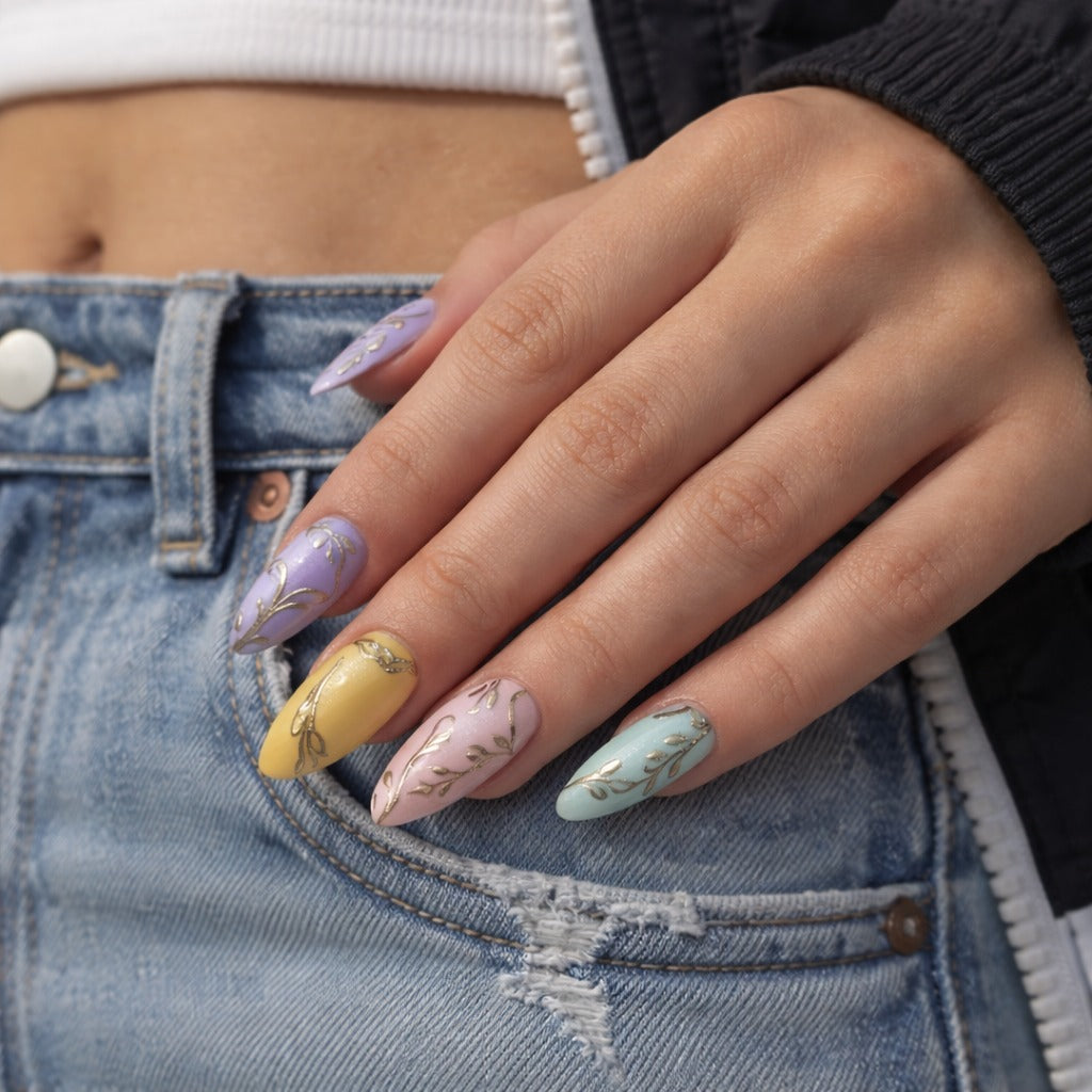 Pastel Bloom Press-On Nails – Lilac, Lemon & Floral Elegance
