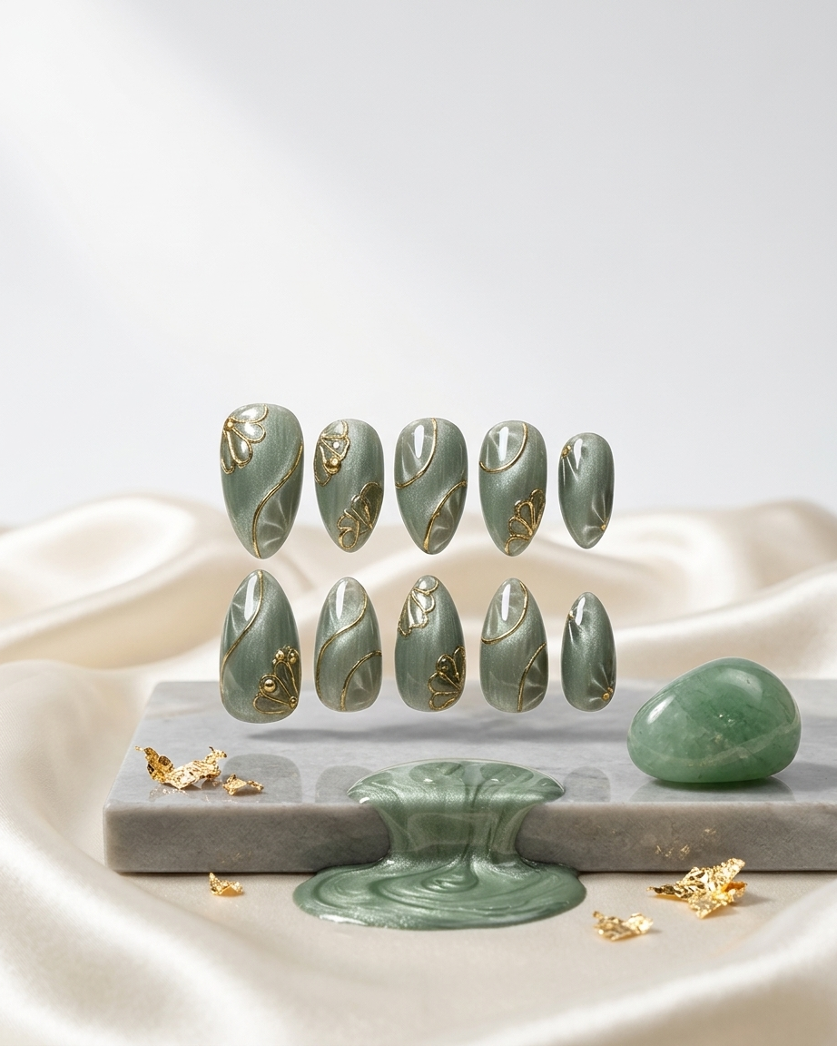 Olive chrome marble handmade reusable press on nails by Glossora