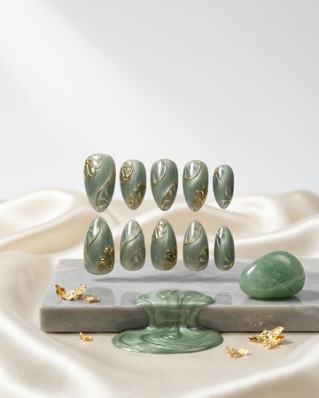 Olive chrome marble handmade reusable press on nails by Glossora